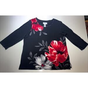 Alfred Dunner "Walk on the Wild Side" Red Black Poppy Print Top Shirt Size Med